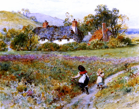  William Stephen Coleman Children Playing On A Path, Cottages Beyond - Hand Painted Oil Painting