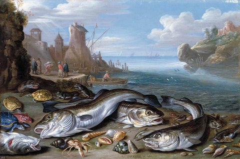  Jan Van I Kessel Harbour Scene with Fish - Hand Painted Oil Painting