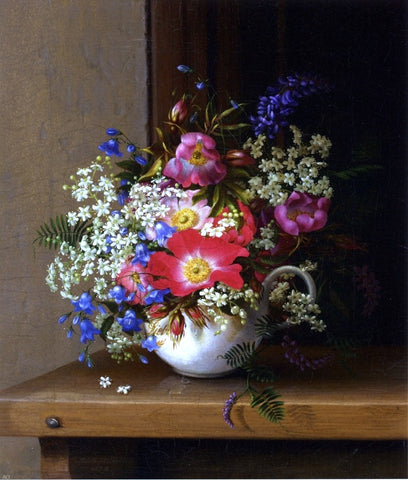  Adelheid Dietrich Still Life with Dog Roses, Larkspur and Bell Flowers in a White Cup - Hand Painted Oil Painting