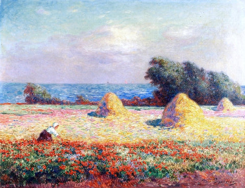  Ferdinand Du Puigaudeau Stacks of Hay and Field of Poppies - Hand Painted Oil Painting