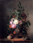  Francois-Joseph Huygens Roses, Morning Glory, Poppies and Tulips with Peaches and a Bird's Nest on a Wooden Ledge - Hand Painted Oil Painting