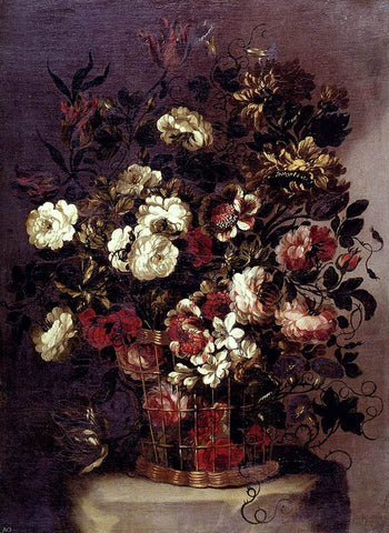  Gabriel De La Corte Still-Life of Flowers in a Woven Basket - Hand Painted Oil Painting