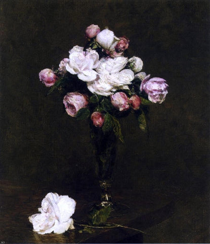  Henri Fantin-Latour White Roses and Roses in a Footed Glass - Hand Painted Oil Painting