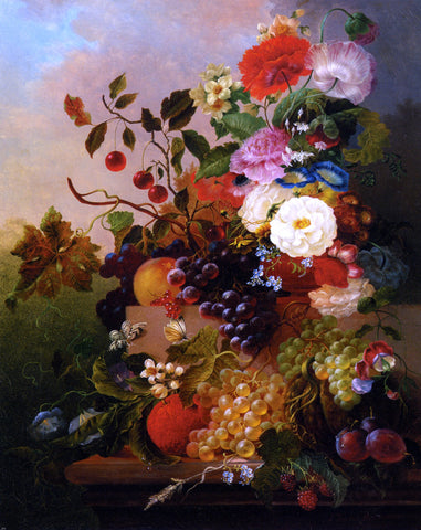  Jan Van Der Waarden Poppies Peonies Roses and other Flowers with Grapes on a Marble Ledge - Hand Painted Oil Painting