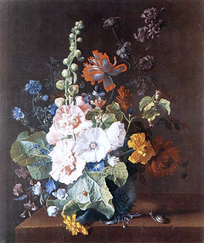  Jan Van Huysum Hollyhocks and Other Flowers in a Vase - Hand Painted Oil Painting