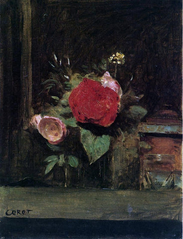  Jean-Baptiste-Camille Corot Bouquet of Flowers in a Vase next to a Pot of Tobacco - Hand Painted Oil Painting