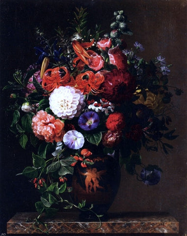  Johan Laurentz Jensen Lilies, Peonies, Violets and Roses in a Greek Figure Vase on a Marble Pedestal - Hand Painted Oil Painting