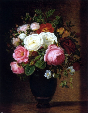  Johan Laurentz Jensen Pink and White Roses in a Black Glaze Amphora on a Brown Marble Ledge - Hand Painted Oil Painting