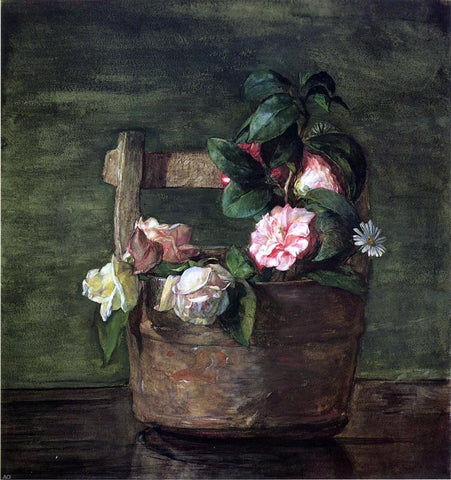  John La Farge Camellias and Roses in Japanese Vase of Earthenware with Crackle - Hand Painted Oil Painting