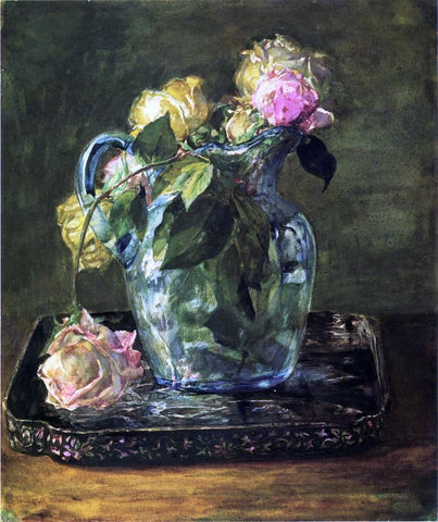  John La Farge Roses in Blue Crackle Glass Pitcher - Hand Painted Oil Painting