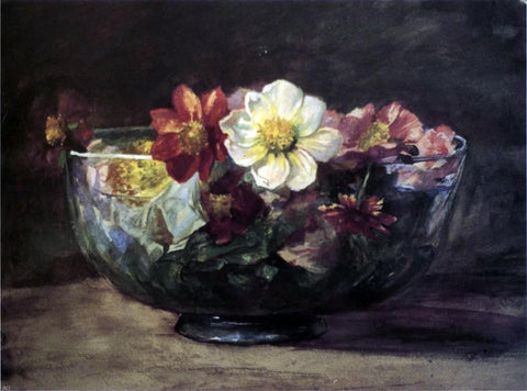  John La Farge Study of Autumn Flowers in Persian Glass Bowl with White Enamel Edge - Hand Painted Oil Painting