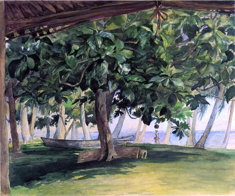  John La Farge View from Hut, at Vaiala in Upolu, Bread Fruit Tree, War Drums and Canoe, Nov. 19th, 1890 - Hand Painted Oil Painting