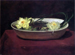  John La Farge Water-Lilies in a White Bowl - with Red Table Cover - Hand Painted Oil Painting
