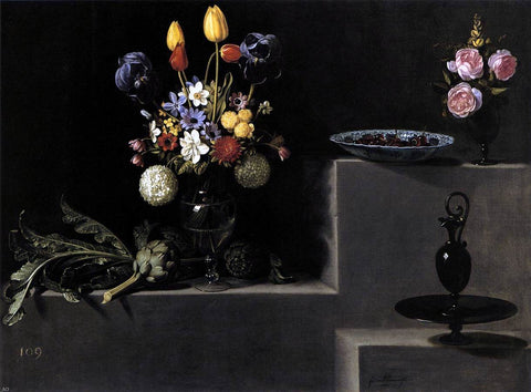  Juan Van der Hamen Still Life with Flowers, Artichokes, Cherries and Glassware - Hand Painted Oil Painting