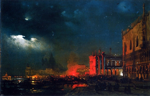  Ippolito Caffi Night Festival on the Molo di San Marco upon the Feast Day of the Archduke Massimiliano d'Asborgo - Hand Painted Oil Painting