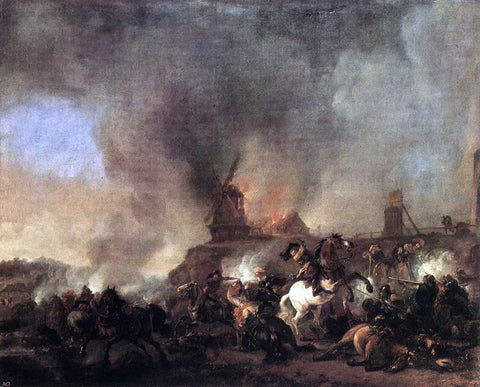  Philips Wouwerman Cavalry Battle in Front of a Burning Mill - Hand Painted Oil Painting