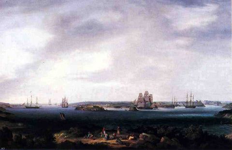  Thomas Birch American Warships Anchored at Port Mahon, Spain - Hand Painted Oil Painting