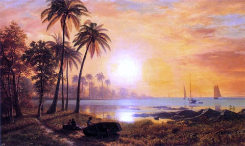  Albert Bierstadt Tropical Landscape with Fishing Boats in Bay - Hand Painted Oil Painting