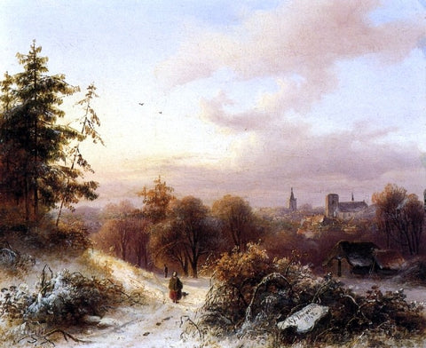  Alexander Joseph Daiwaille Winter: A Peasant on a Path in a Wooded Landscape, a Town in the Background - Hand Painted Oil Painting
