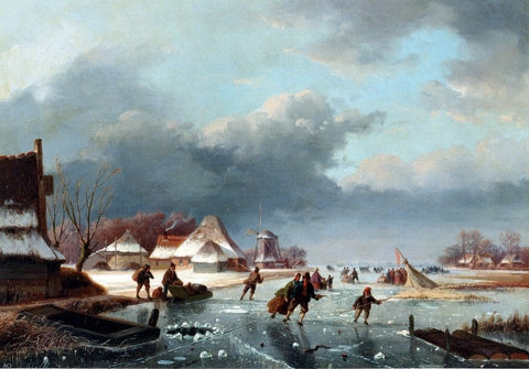  Andreas Schelfhout Figures Skating on a Frozen River - Hand Painted Oil Painting