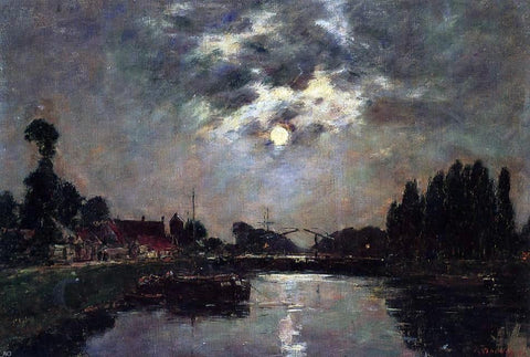  Eugene-Louis Boudin Saint-Valery-sur-Somme, Moonrise over the Canal - Hand Painted Oil Painting