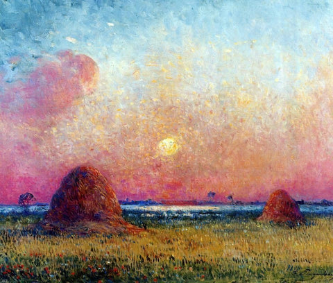  Ferdinand Du Puigaudeau Wheat Stack at Sunset - Hand Painted Oil Painting