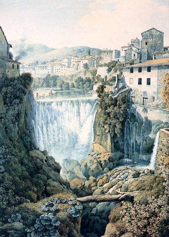  Filippo Giuntotardi A Waterfall Outside An Italian Town - Hand Painted Oil Painting