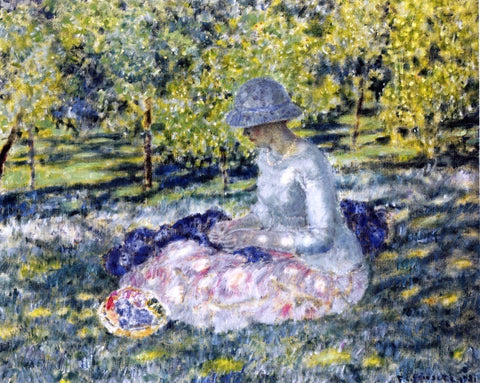  Frederick Carl Frieseke A Woman Seated in a Park with Basket - Hand Painted Oil Painting