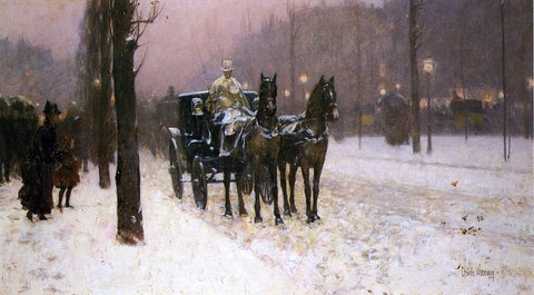  Frederick Childe Hassam Street Scene with Hansom Cab - Hand Painted Oil Painting