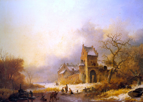  Frederk M Kruseman Figures on a Frozen River in a Winter Landscape - Hand Painted Oil Painting
