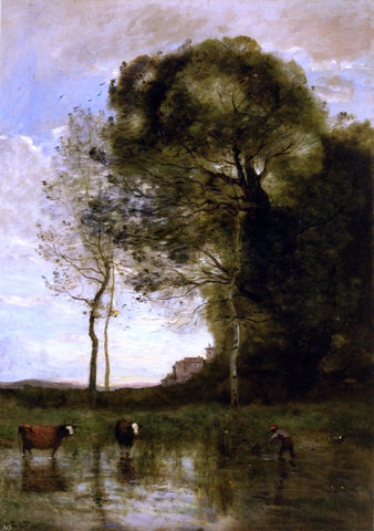  Jean-Baptiste-Camille Corot Banks of a Pond with Two Cows, Italian Souvenir - Hand Painted Oil Painting