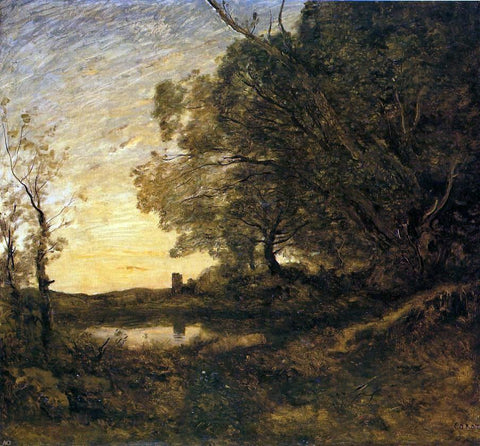  Jean-Baptiste-Camille Corot Evening - Distant Tower - Hand Painted Oil Painting