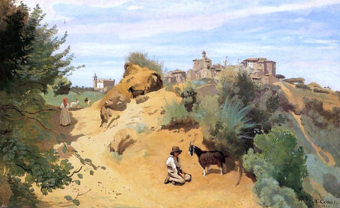  Jean-Baptiste-Camille Corot Genzano - Goatherd and Village - Hand Painted Oil Painting
