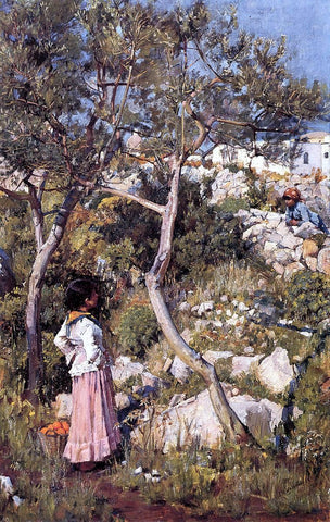  John William Waterhouse Two Little Italian Girls by a Village - Hand Painted Oil Painting