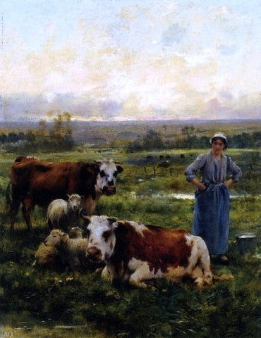  Julien Dupre A Shepherdess with Cows and Sheep in a Landscape - Hand Painted Oil Painting
