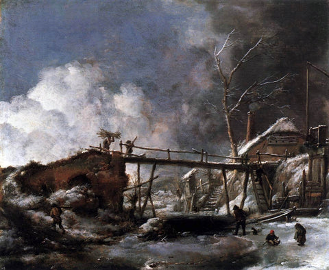  Philips Wouwerman Winter Landscape with Wooden Bridge - Hand Painted Oil Painting