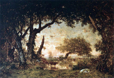  Theodore Rousseau Edge of the Forest at Fontainebleau, Setting Sun - Hand Painted Oil Painting