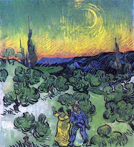  Vincent Van Gogh Landscape with Couple Walking and Crescent Moon - Hand Painted Oil Painting