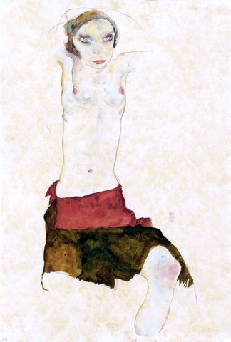  Egon Schiele Semi-Nude with Colored Skirt and Raised Arms - Hand Painted Oil Painting