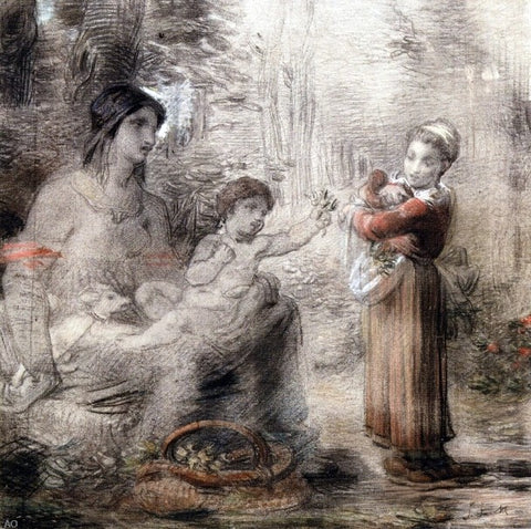  William P Babcock A Peasant Girl Offering Flowers to a Woman and Child - Hand Painted Oil Painting