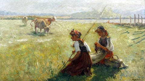  Alberto Pla Y Rubio Ninas en el Campo - Hand Painted Oil Painting