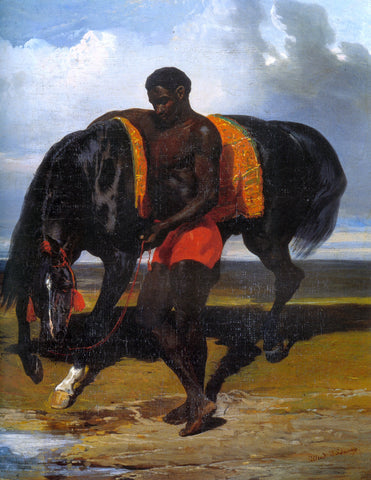  Alfred De Dreux Africain tenant un cheval au bord d'une mer - Hand Painted Oil Painting