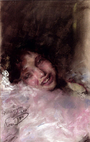 Antonio Mancini A Young Girl Laughing - Hand Painted Oil Painting