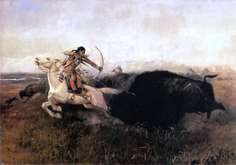  Charles Marion Russell Indians Hunting Buffalo - Hand Painted Oil Painting