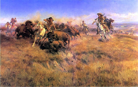  Charles Marion Russell Running Buffalo - Hand Painted Oil Painting