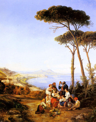  Consalvo Carelli A Group Of Peasants With The Bay Of Naples Beyond - Hand Painted Oil Painting