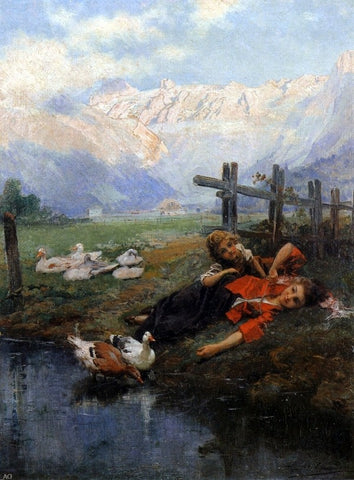  Daniel Hernandez Children and Geese by a Pond - Hand Painted Oil Painting
