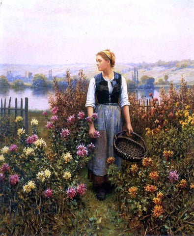  Daniel Ridgway Knight Girl with a Basket in a Garden - Hand Painted Oil Painting