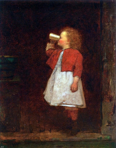 Eastman Johnson Little Girl with Red Jacket Drinking from Mug - Hand Painted Oil Painting