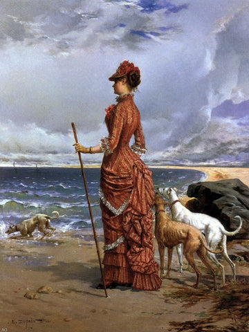  Edmond-Louis Dupain Elegant Lady Walking Her Greyhounds on the Beach - Hand Painted Oil Painting